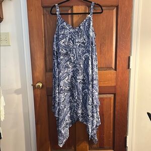 Blue print Flowing dress, handkerchief hem